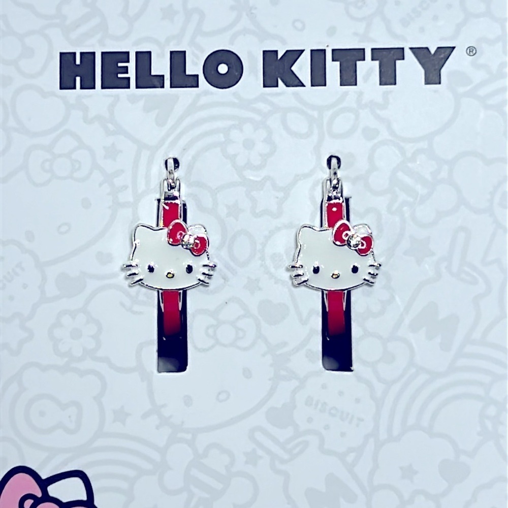 Hello Kitty Fine Silver Plated Red Enamel Hoop Earrings with Crystal Bow Boxed